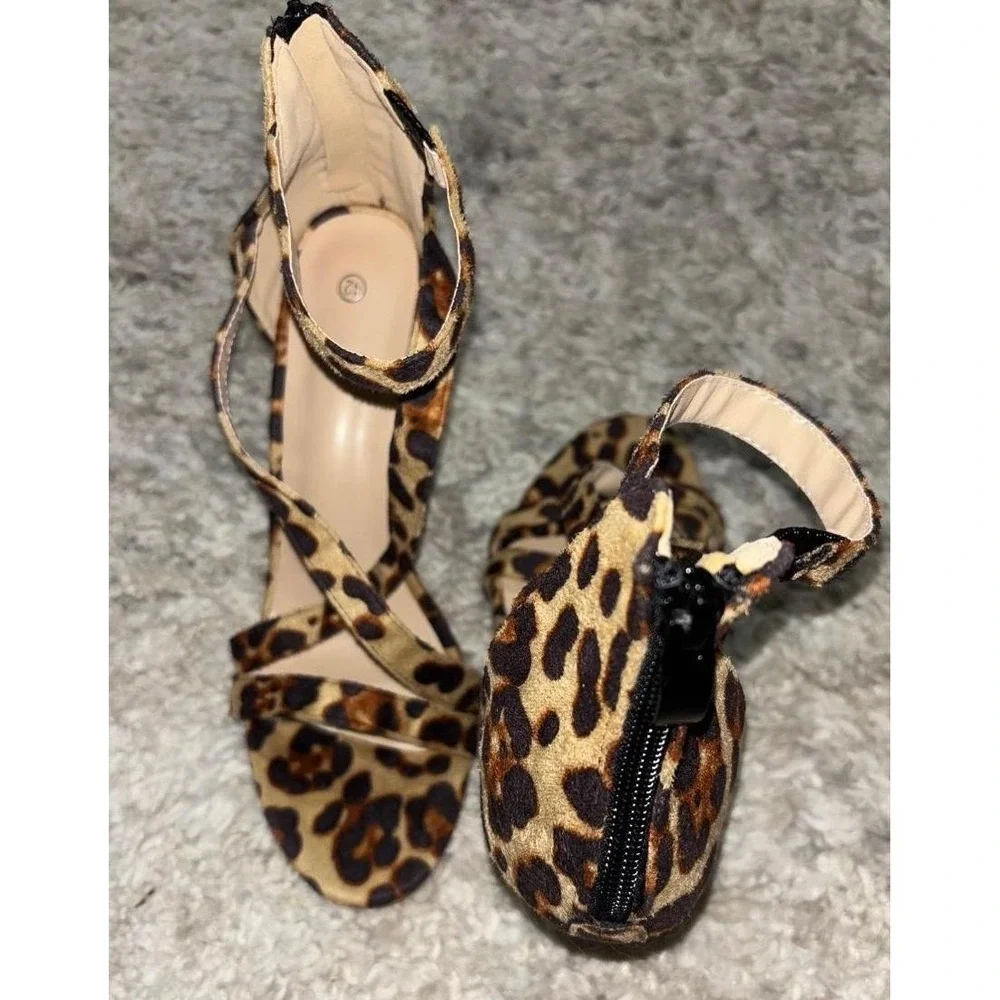 Leopard Print Strappy Stiletto Heels Ankle Strap Sandal Brown Black Size 10